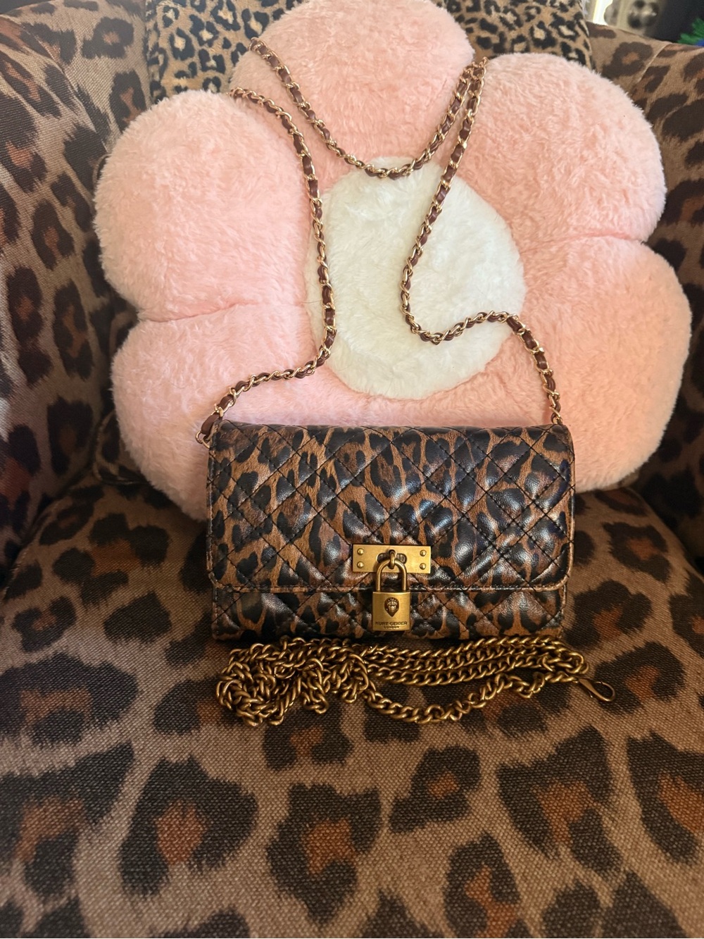 Kurt Geiger Quilted Leopard Print Crossbody Bag with Gold Chain